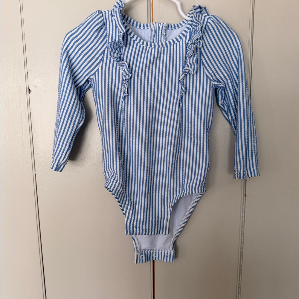 GAP Blue and White Striped Ruffle Long-Sleeve One-Piece